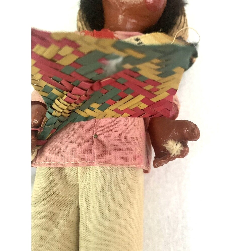 Vintage 70s Handmade Painted Mexican Boy Doll Oil Cloth 11" Folk Art Sombrero - Picture 5 of 9